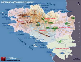 Carte de la gographie physique de la Bretagne