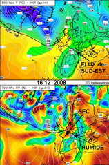 Météo du Briançonnais - Situation du 16 décembre 2008- Analyse des humidités et du flux à 500 hpa (vers 5000 m)