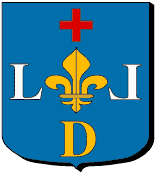 Blason de Digne-les-Bains : D'azur  la fleur de lys d'or accompagne en chef d'une croisette de gueules, aux flancs de deux lettres L capitales affrontes d'argent et en pointe d'une lettre D capitale aussi d'or 