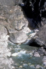 La Vallouise - Gorges du Torrent d'Ailefroide à leur débouché dans la plaine des Claux (mai 1977)
