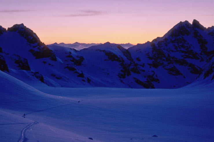 Ski en crins - Lever de soleil sur le Glacier Blanc et les Agneaux (3664 m)